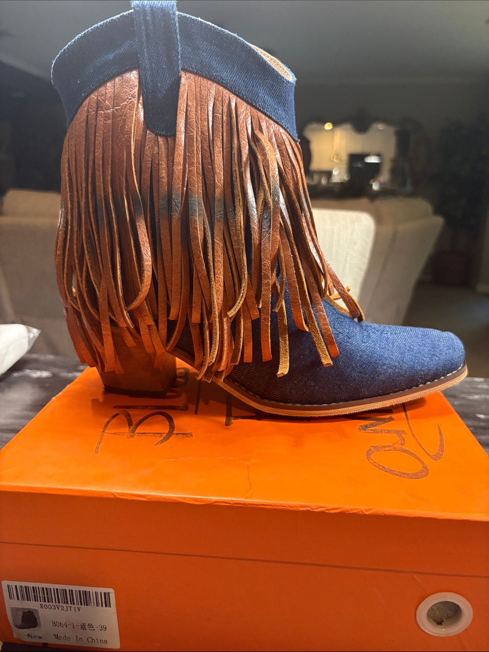 Fringe Denim Ankle Boots - Navy and Brown